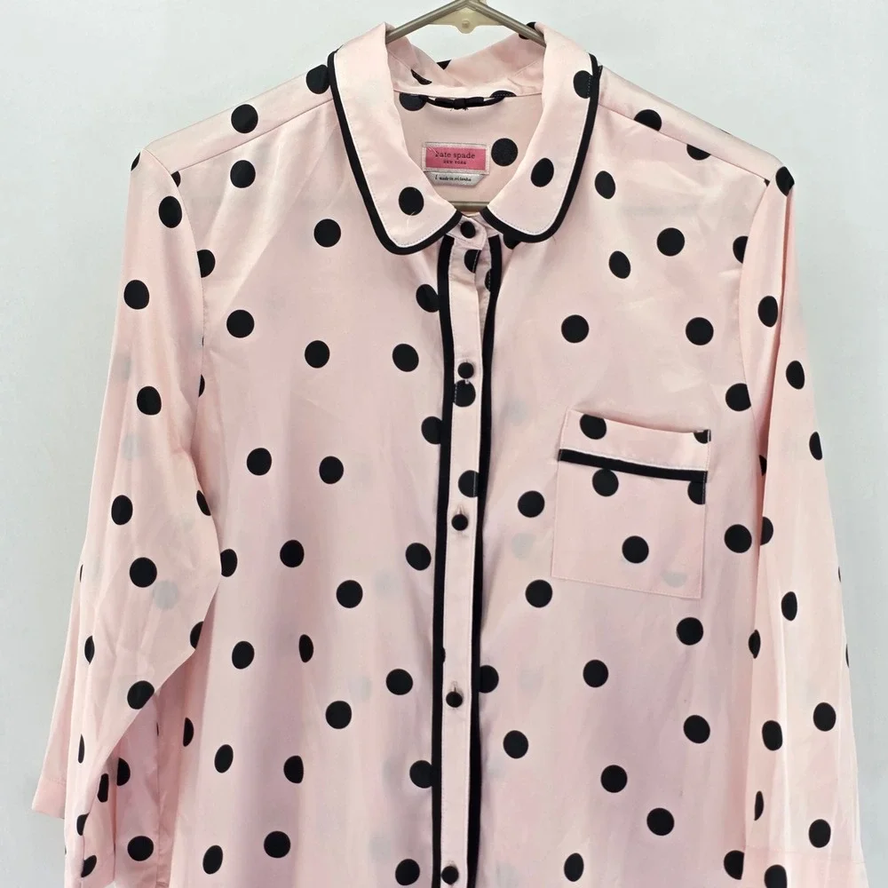 Kate Spade Sleep Shirt Womens Large Pink Polka Dot Satin Button Down Piping 6194